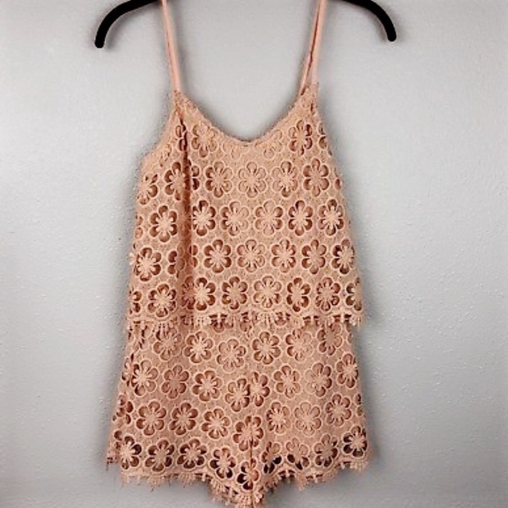Kiss and Cry Romper Floral Crochet Peach